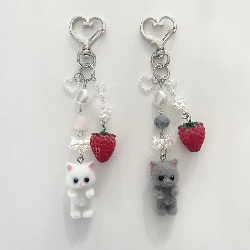 matching calico cat strawberry keychains cute handmade