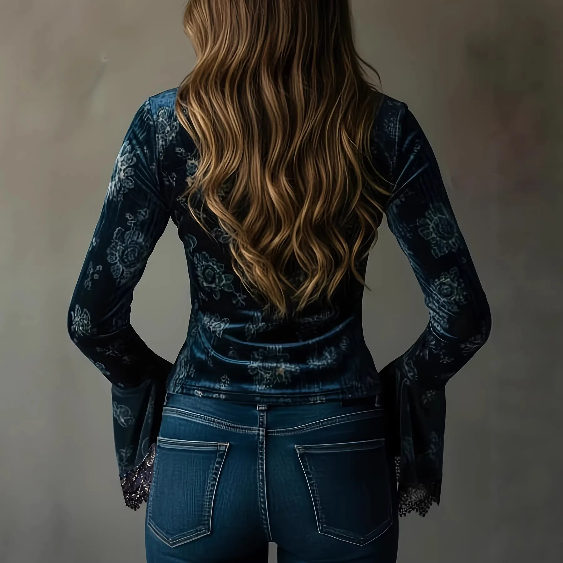 Women's Floral Print V Neck Flare Long Sleeve Top Lace Trim Button Front Slim Fit Casual Commute Office Street Daily Wear Blouse