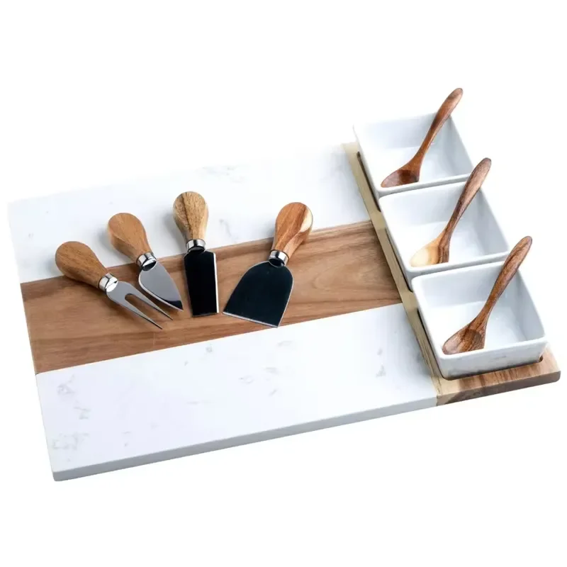 Yinhao MOQ 5 sets of brand new wholesale rectangular marble acacia charcuterie boards with 3 ceramic bowls and cheese tools