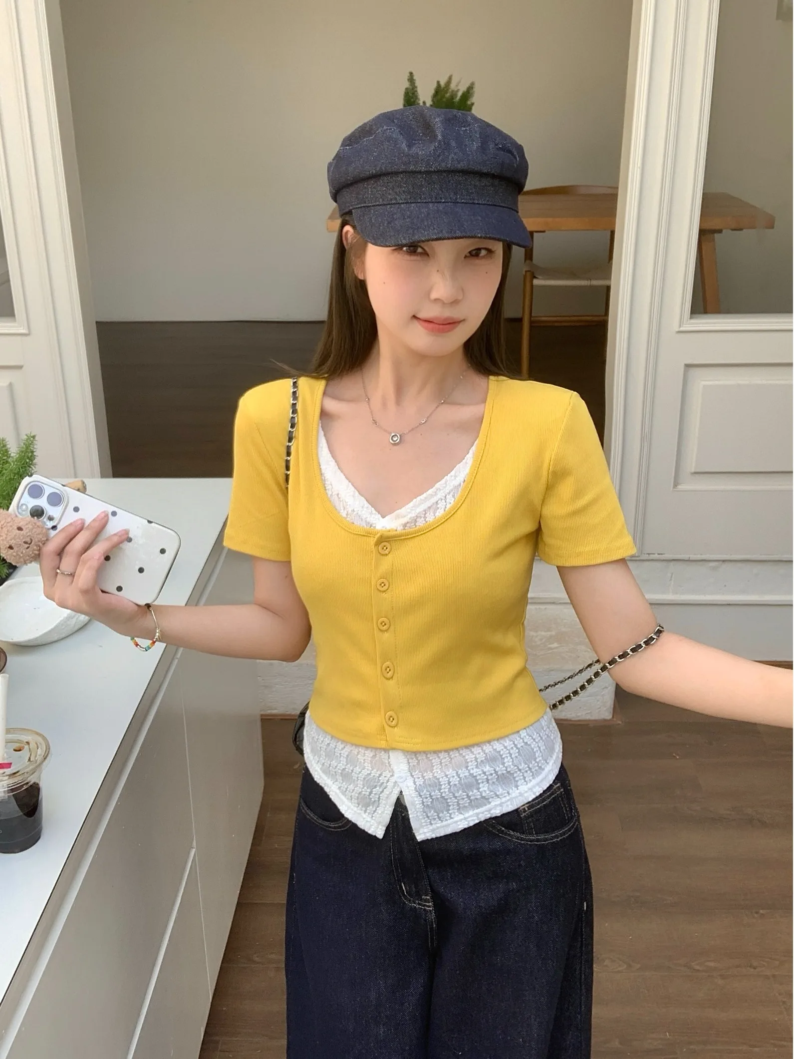 

plus Size Lace Splice Short Sleeve T-Shirt Slimming Design Summer New Style Korean Commute Style Base Top Women's Fashion