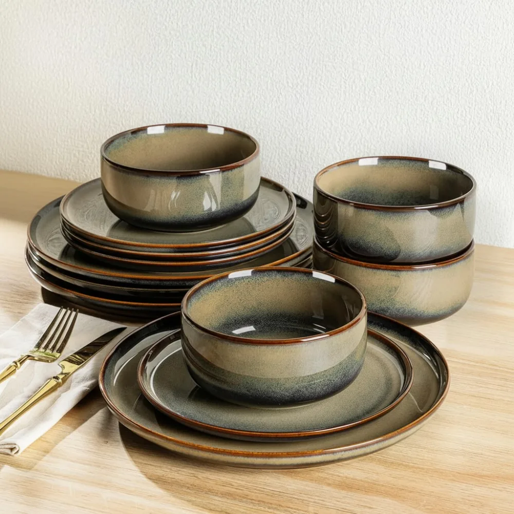 

12-Piece Handmade Ceramic Dinnerware Set for 4, Reactive Glaze Plates & Bowls, Oven/Microwave/Dishwasher Safe