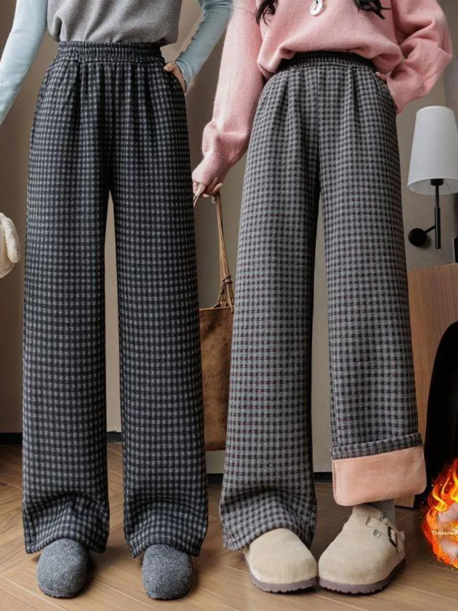 

Ретро-брюки женские прямые с высокой талией в клетку, повседневные, на подкладке, драпированные, стройнящие, модные, осенне-зимние