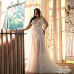 Sexy Mermaid Wedding Dresses Plus Size Spaghetti Straps V Neck Bride Gowns Appliques Floor Length Tulle Vestido De Noiva 2024