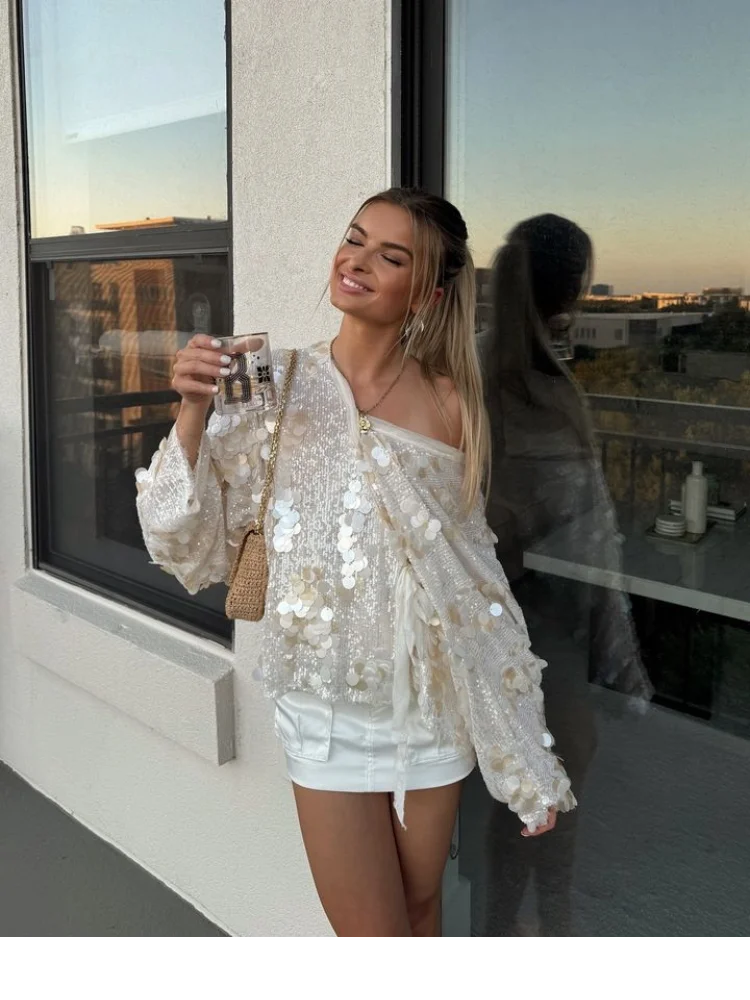 

Однотонная верхняя одежда на шнуровке с блестками для женщин, повседневные свободные куртки с v-образным вырезом, женское пальто с длинными рукавами, женская мода, новые пальто