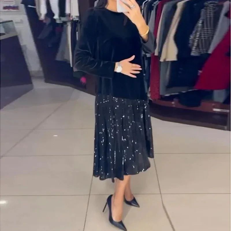 Abiti da sera con paillettes impiombate in velluto solido autunnale Abito da donna elegante con scollo a O lungo pullover Abito invernale con orlo a maniche lunghe