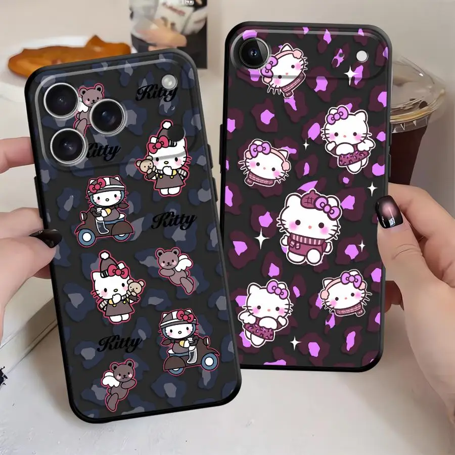 Case for iPhone 15 16 14 Plus 17Air 7 8 XS Max 13 12 11 17 Pro XR Black Soft Phone Cover Sanrio Leopard Print Hello Kitty