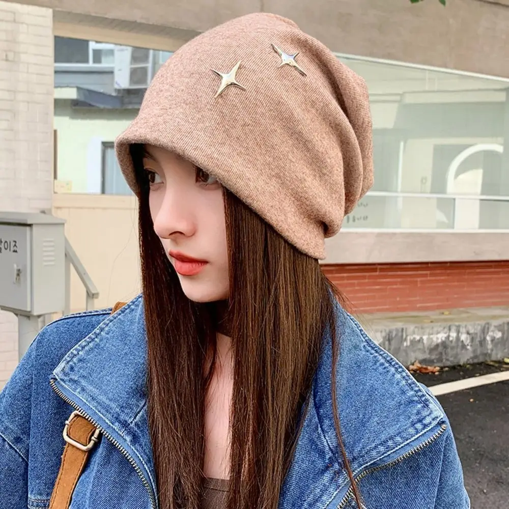 Polyester Slouchy Beanie Hat Face Slimming Ear Protection Fall Winter Beanie Hat 54cm to 58cm Head Circumference Star Decor