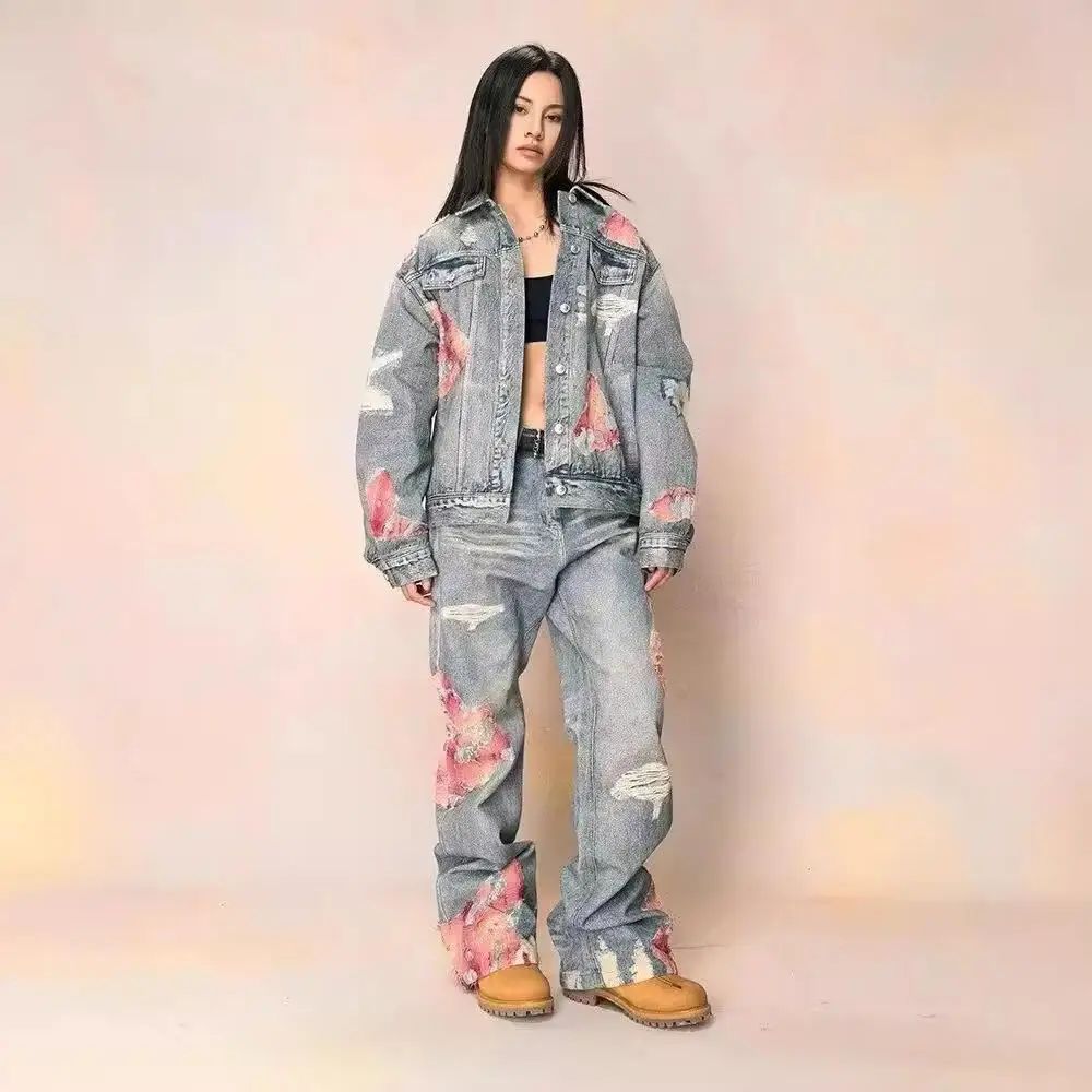 

Women Y2K Street Hip Hop Loose Fashion Trend High Waist Wide Leg Jeans Retro Ripped Print Contrast Patchwork Wash Straight Jeans