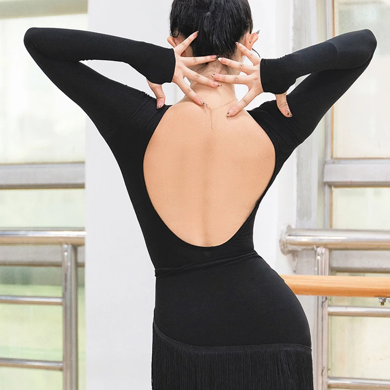 성인용 블랙 긴 소매 백리스 바디수트 여성 라틴 댄스 탑 레오타드 공연용 차차 삼바 룸바 의류