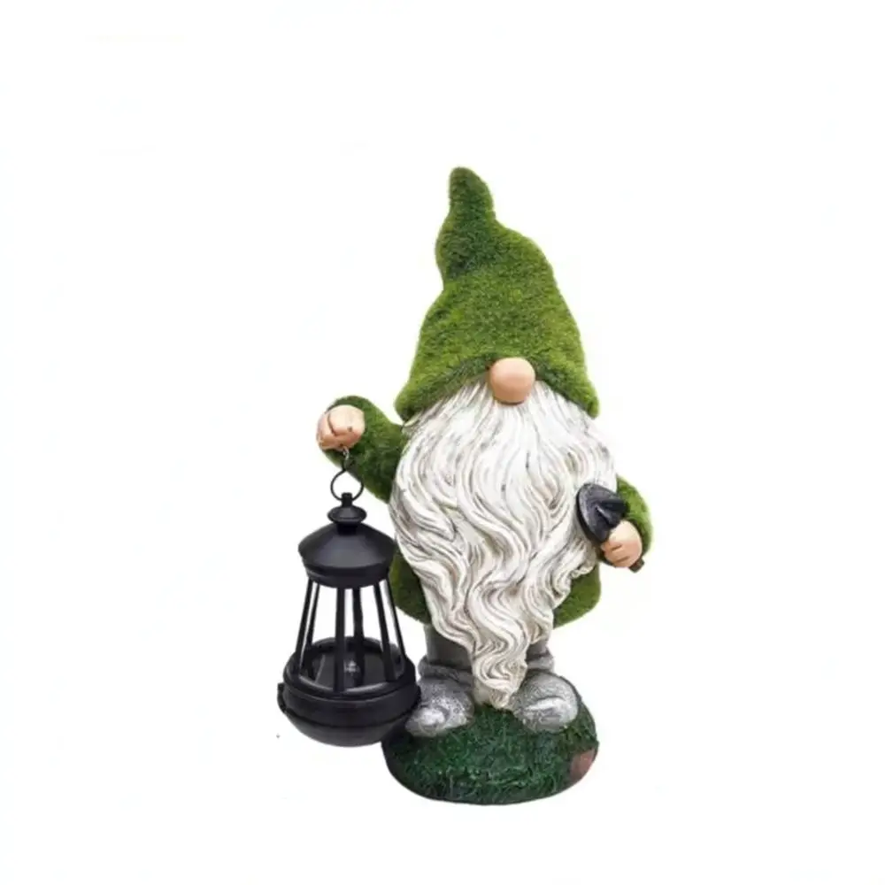 Solar Powered Garden Gnome Statue Resin Flocked Ornament Outdoor Lawn Yard Decor Waterproof Patio Landscape Lighting Figurine