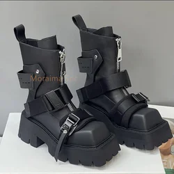 Thick Sole Belt Buckle Square Toe Ankle Boots Women Short Motorcycle Knight Boots Chelsea Boots Zipper Shoes 2023 Autumn Winter