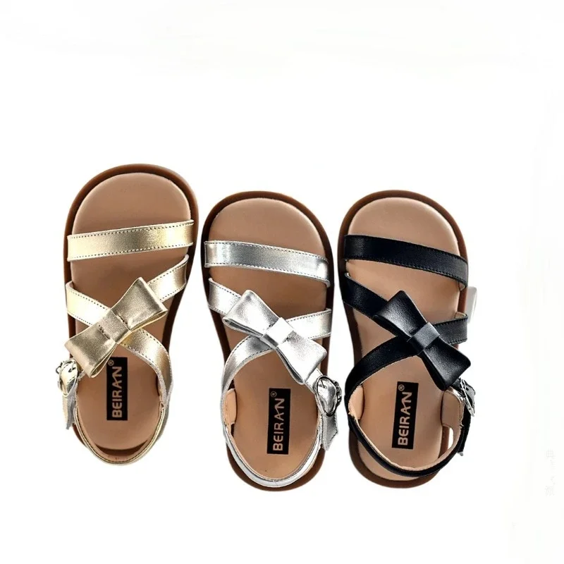 Cowhide Baby Girsl Sandals Summer Genuine Leather Fashion Bow Princess Gladiator Sandals Kids Shoes Children's Beach Shoes
