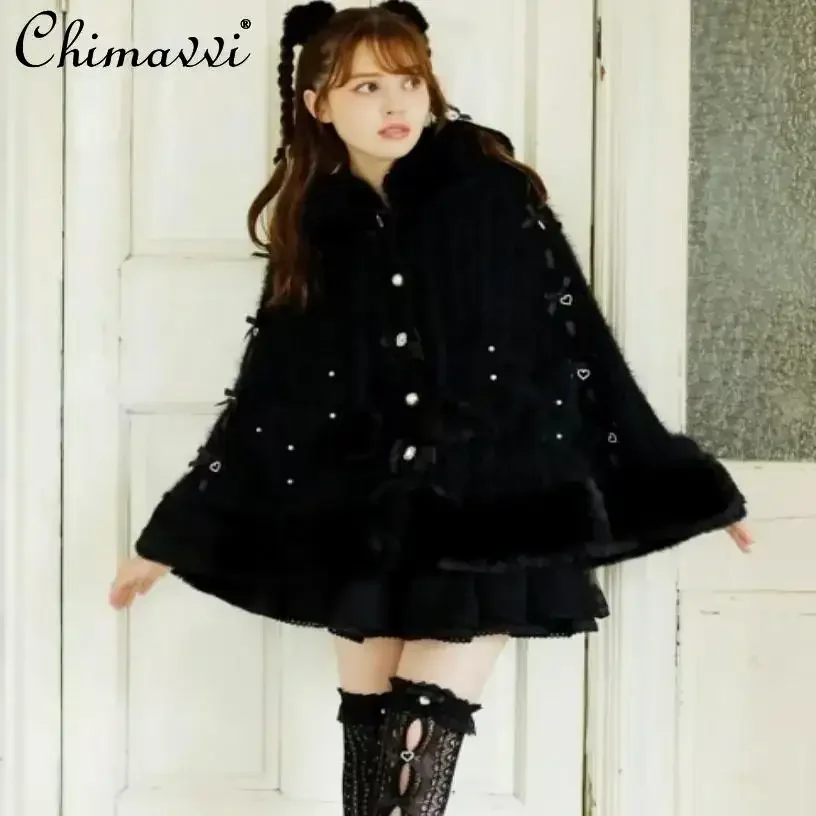 Manteau cape japonais Liz Furry Whole pour femmes, série Sweet Girls, joli nœud, manteau Lolita Kawaii à capuche princesse, automne et hiver