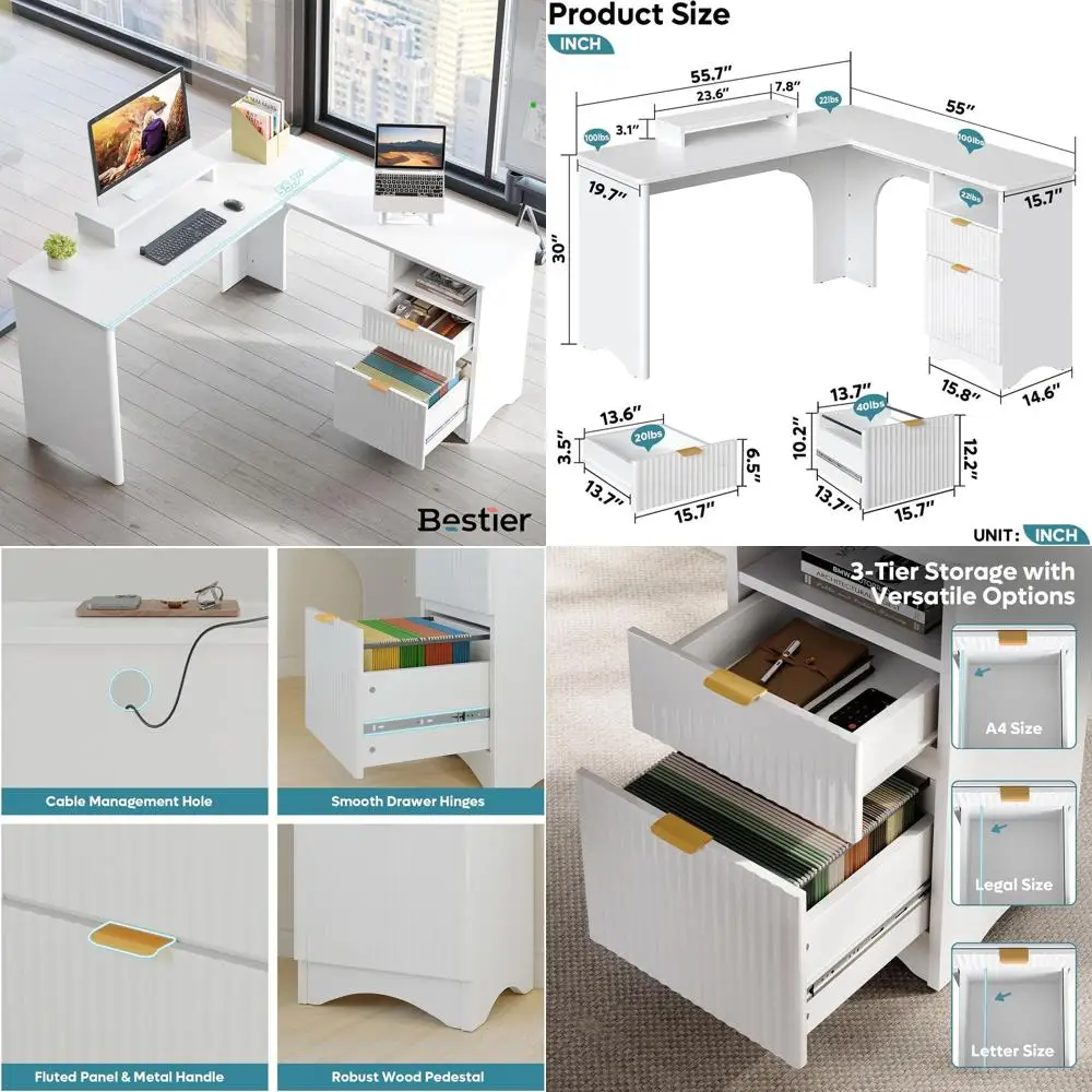 

Компьютерный стол L-образной формы с подставкой для монитора, 55,7 x 55, с закругленными углами, для домашнего офиса, белый цвет