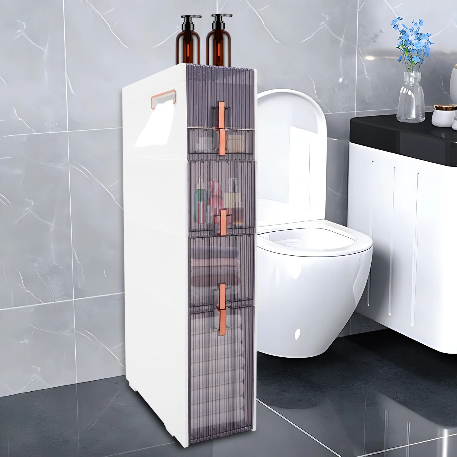 5 طبقات خزانة أرضية الحمام 8.7*15*37.6in خزانة تخزين ضيقة الدائمة حامل ورق المرحاض