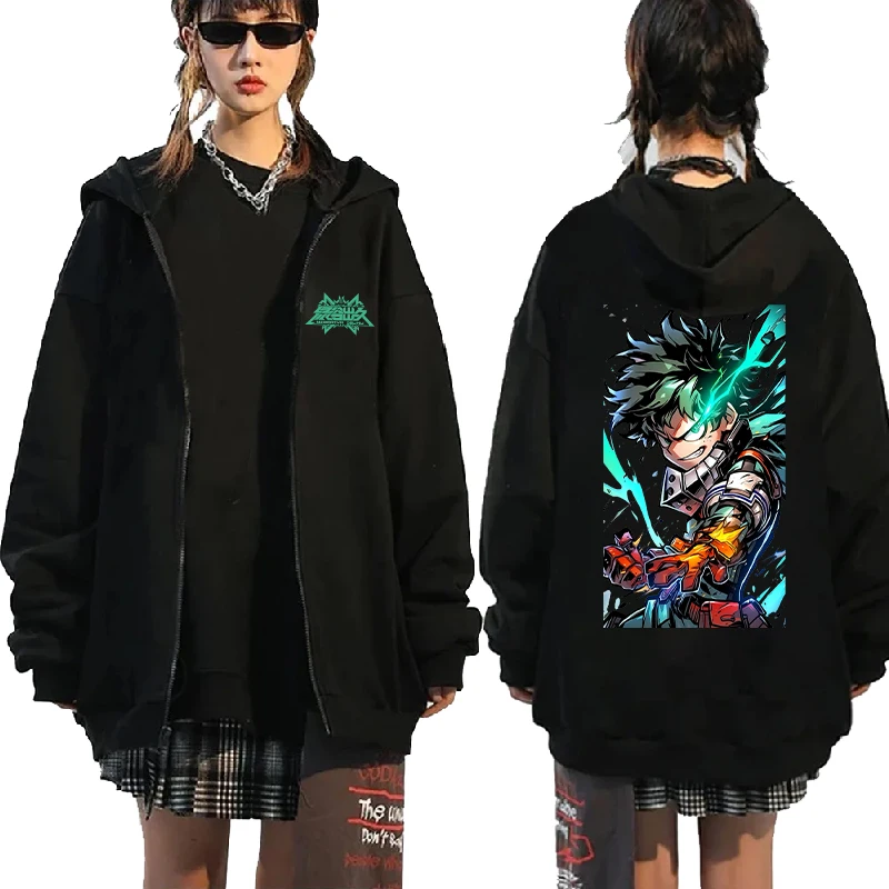 Hot Anime My Hero Academia Midoriya Izuku Graphic Print Hooded Men Women Manga Zip Hoodies Loose Sweatshirt Harajuku Zip Jacket