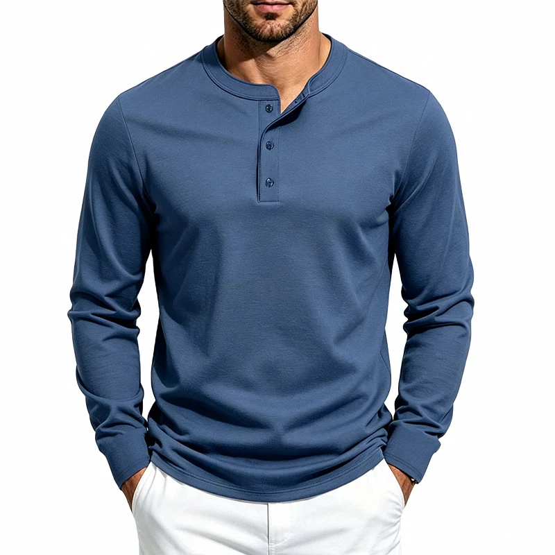 Men's 1-Piece Henry Three-Button Long-Sleeve T-Shirt, Soft, Breathable, Sweat-Wicking Casual Henry Long-Sleeve Shirt