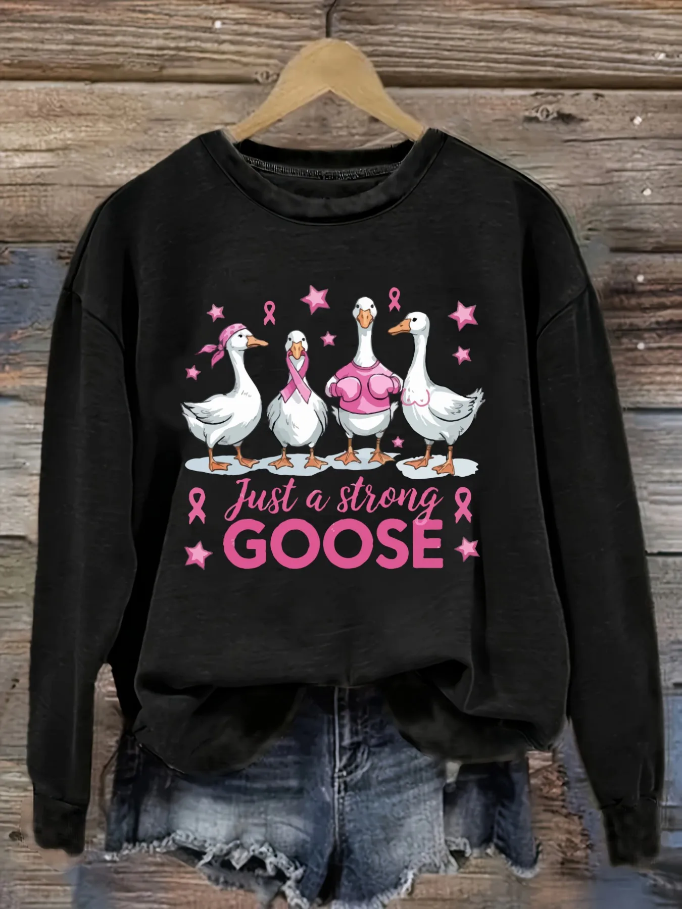 Women's Casual Long Sleeve Crew Neck T-Shirt Just A Strong Goose Print Design, Round Neck Women's Clothing, Machine Washable, Slightly Elastic, Loose Fit, Spring Autumn Winter Women's T-Shirt, Halloween Costume Outfit