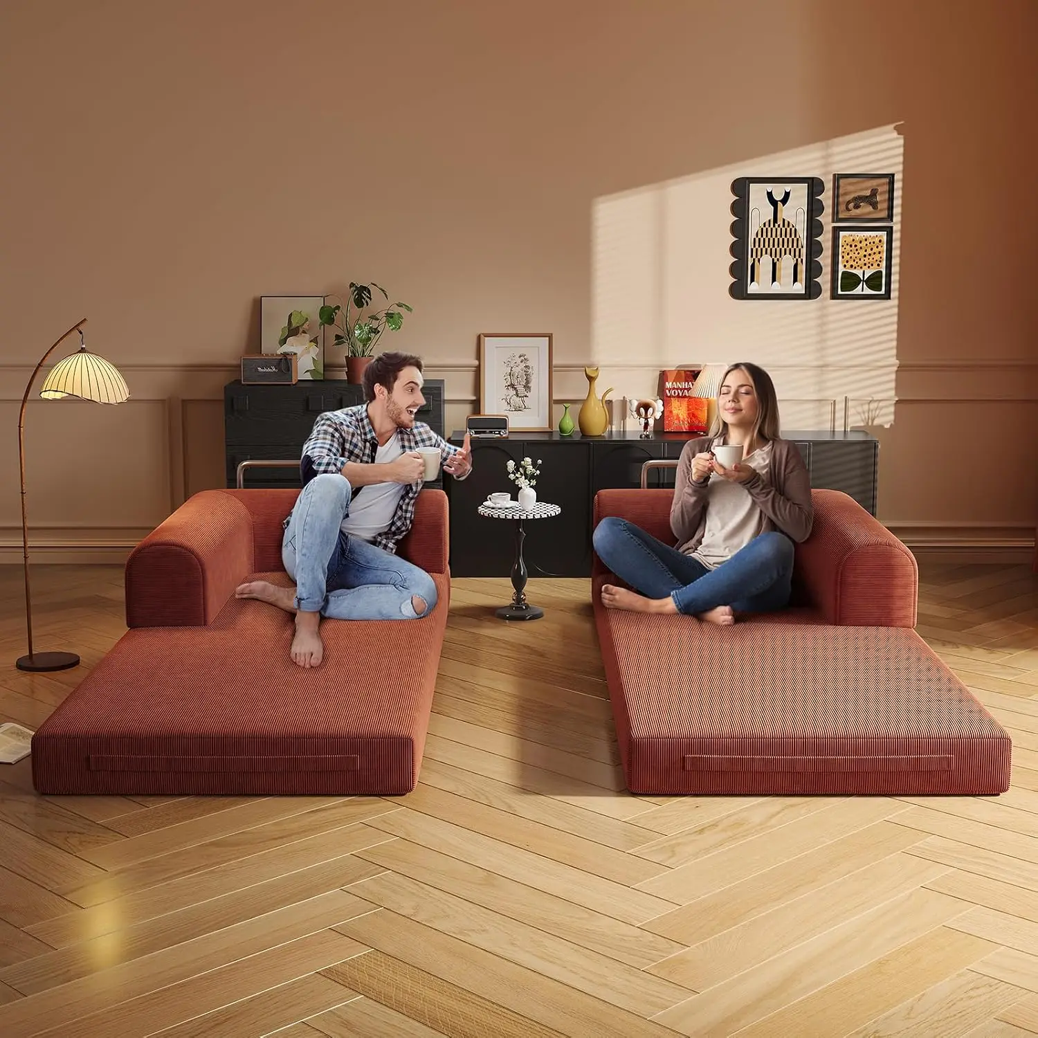 Oversized 3-Seater Corduroy Convertible Sofa Bed Boneless Chaise Lounge Indoor Floor Sofa for Living Room Basement, Customized