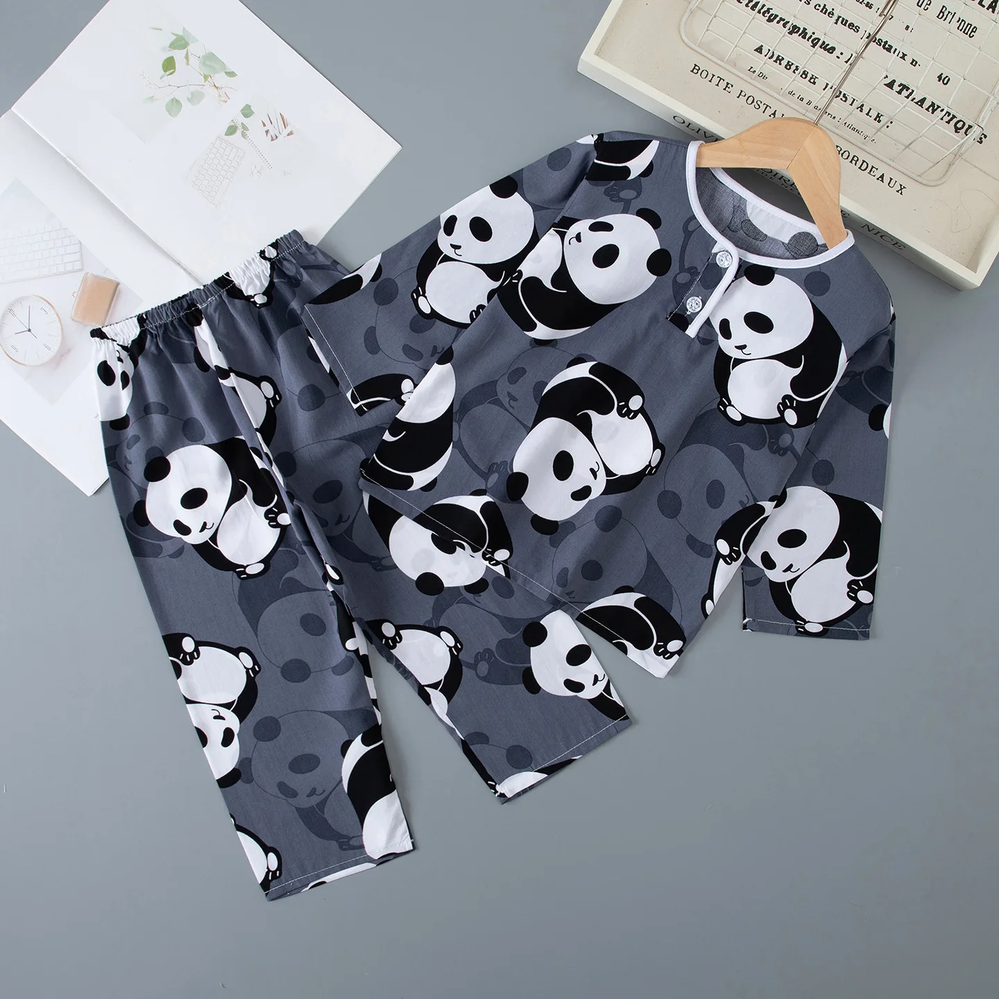 Kids Summer Thin Pajamas Set Boys Girls Cute Cartoon Panda Long Sleeve T-shirt + Pants Pyjamas Homewear Casual Sleepwear