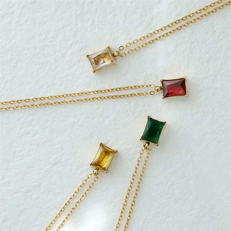 Good Quality Square Zircon Necklace 18K Gold Plated Red/Green Cubic CZ Pendant Colorful Minimalist Stainless Steel Neck Jewelry image 2