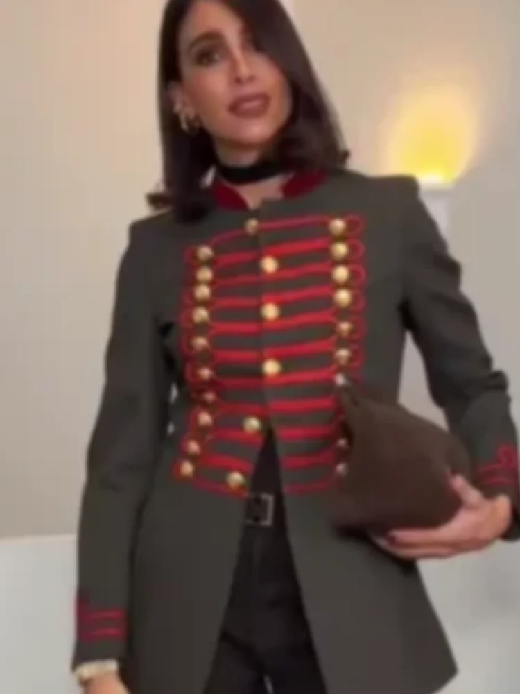 Chaqueta Militar Estilo Napoleón Verde Militar para Mujer, Chaqueta Corta Retro con Cuello Alto y Botón Sencillo, Abrigos Urbanos para Uso Diario 2026