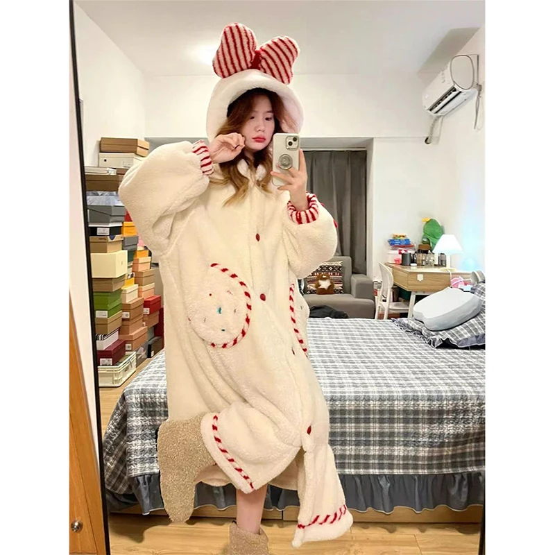 Hooded Robe Women Sleepwear Nightdress Ruffle Winter Night Wears Warm Fleece Pajama One Piece Nightgown Bow Long Sleeve Homewear