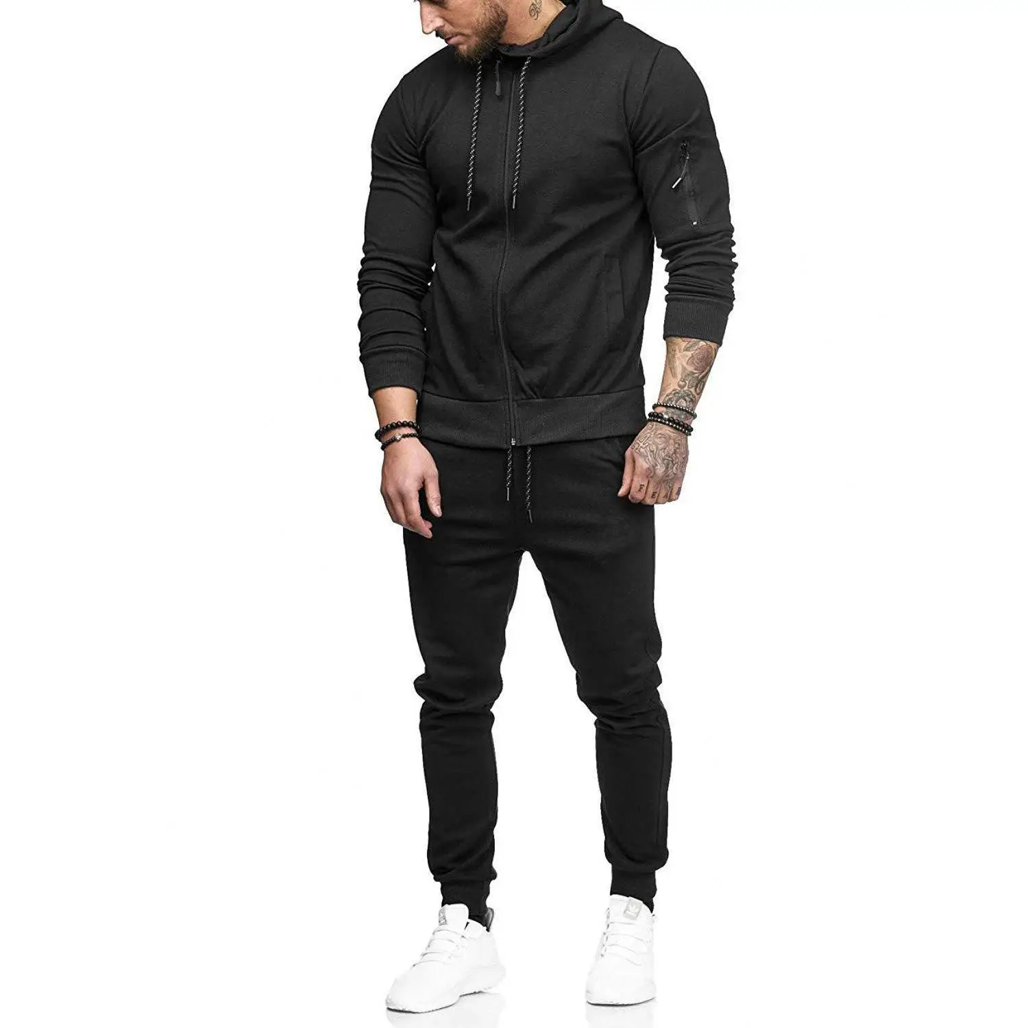 

Men's Sporty Zipper Cardigan Sweatshirt with Arm Stripes Casual Long Pants Autumn Fashion Seven Sleeve Length Outerwear