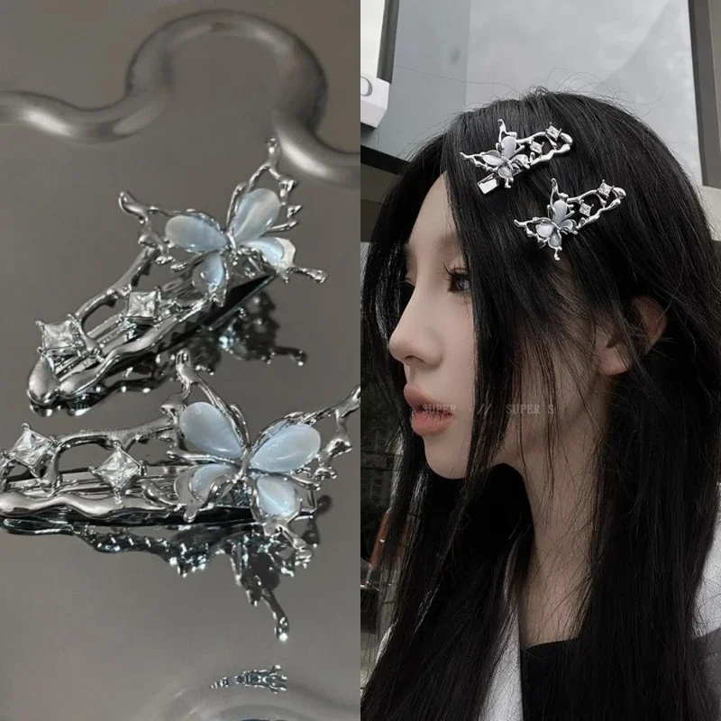 White Cat Eye Stone Butterfly Hair Clip Female Bangs Side Clip Straight Clips Metal Headwear Exquisite Duckbill Clips