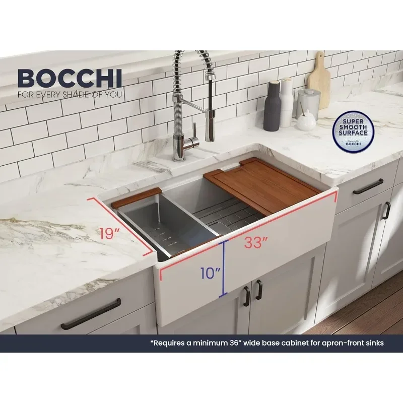 BOCCHI Contempo Workstation Apron Front Step Rim Fireclay 33 in. Single Bowl Kitchen Sink with Accessories in White