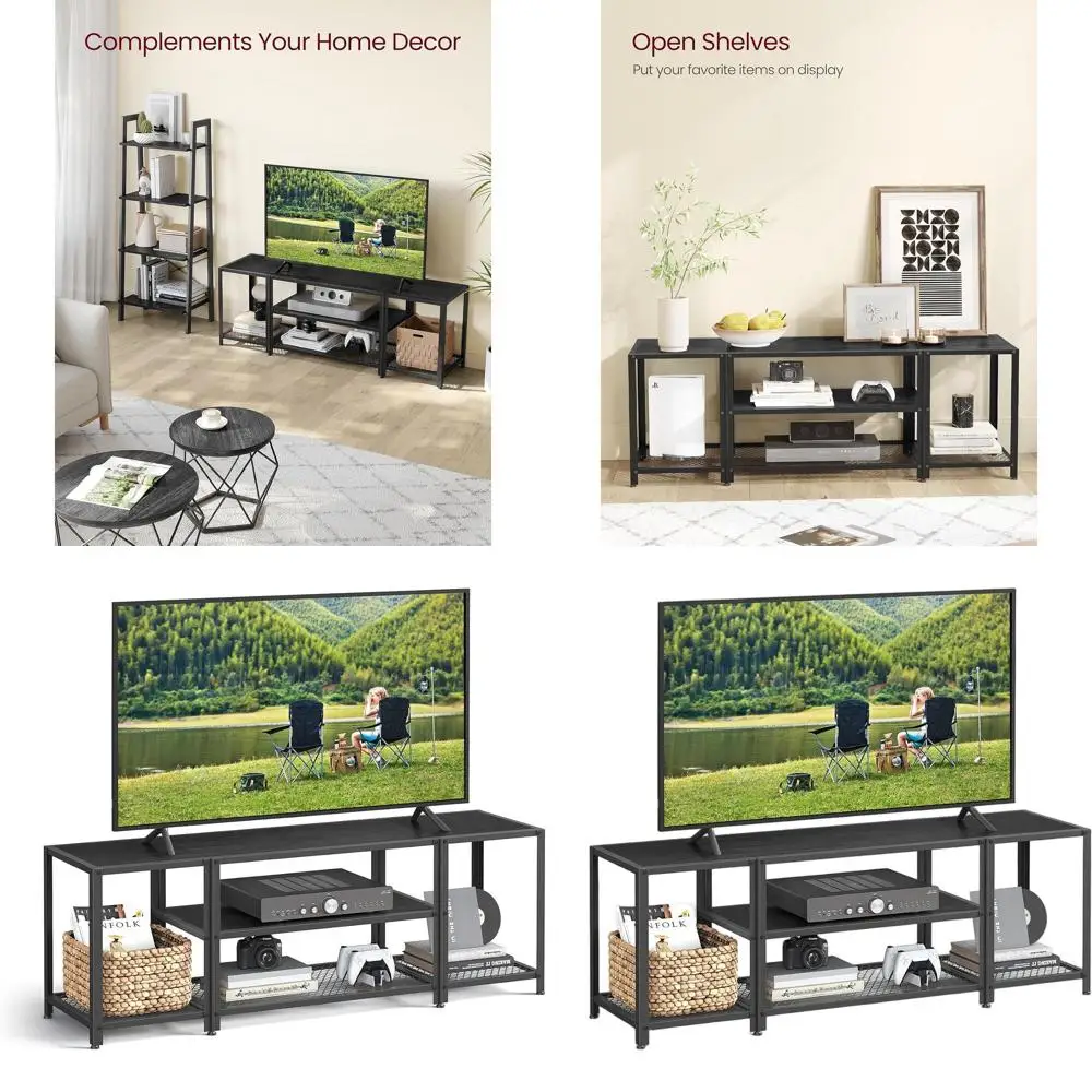 Industrial 3-Tier TV Stand for 65 TVs, Open Storage Shelves, Suitable for Living Room or Bedroom, Black with Wood Grain