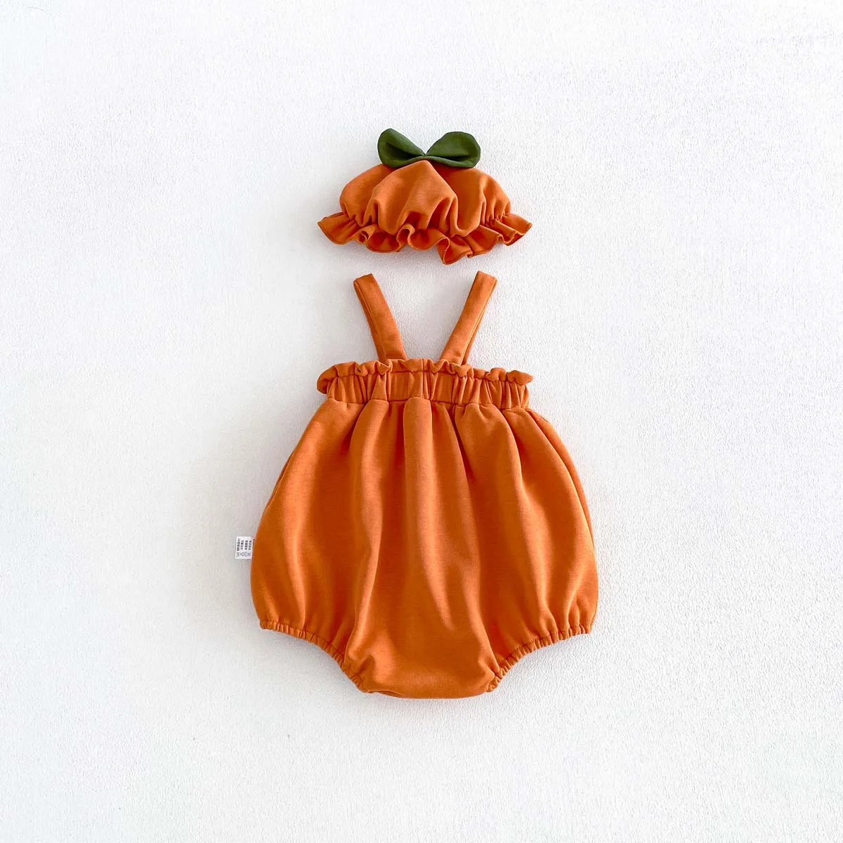 Baby Halloween Pumpkin Strap Romper Pumpkin Print Bloomer Romper + Hat Baby Halloween Festival Photo Outfit Two-Piece Set