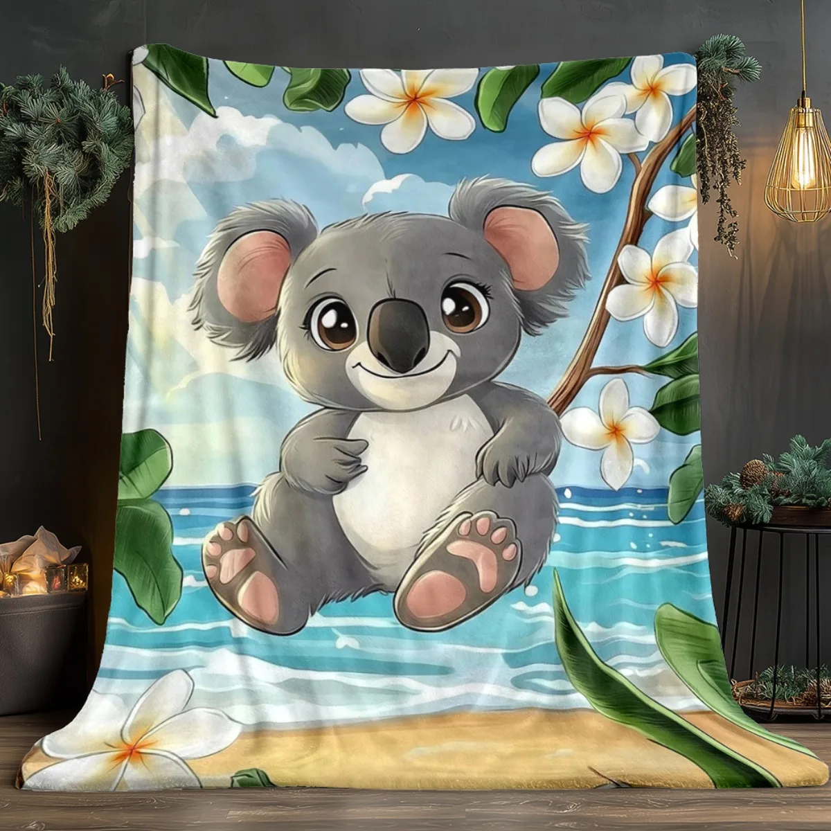Cute Koala Bear Floating On Beach With Plumeria Flowers Tropical Scene Fleece Blanket Soft Flannel Throw For Kids And Adults