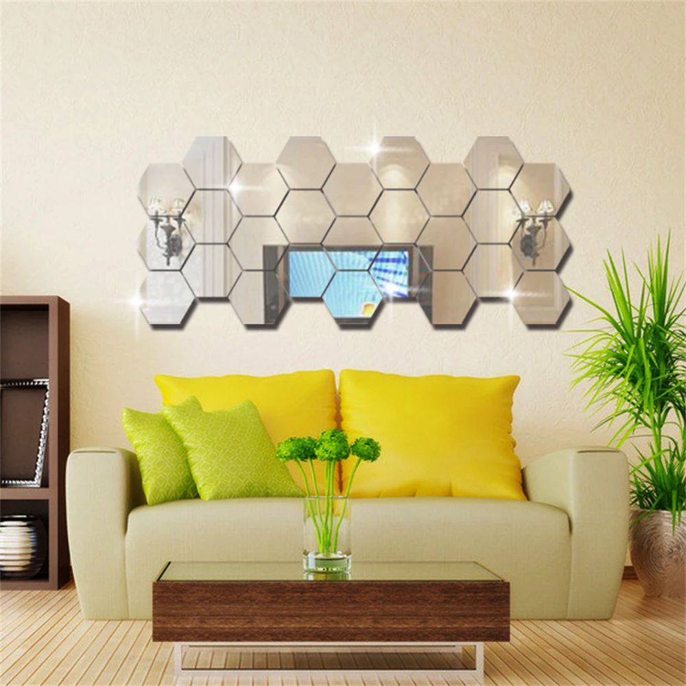 5PCS Hexagon Acrylic Mirror Wall Stickers Living Room Bedroom Wallpaper Self Adhesive Wall Stickers Wall Decals Diy Home Decor