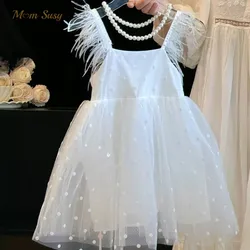 Baby Girl Princess Feather Sleeve Tutu Dress Infant Toddler Child Summer Gauze Vestido Birthday Party Wedding Baby Clothes 1-7Y