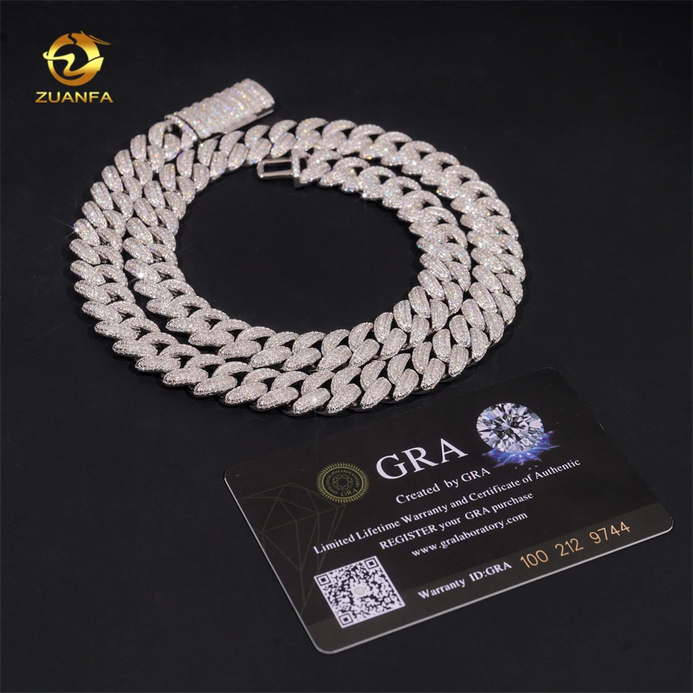 13mm Popular Cuban Link Chain 925 Sterling Silver Gold Plated Gra Moissanite 3rows Iced Out Sparking Cuban Necklace.