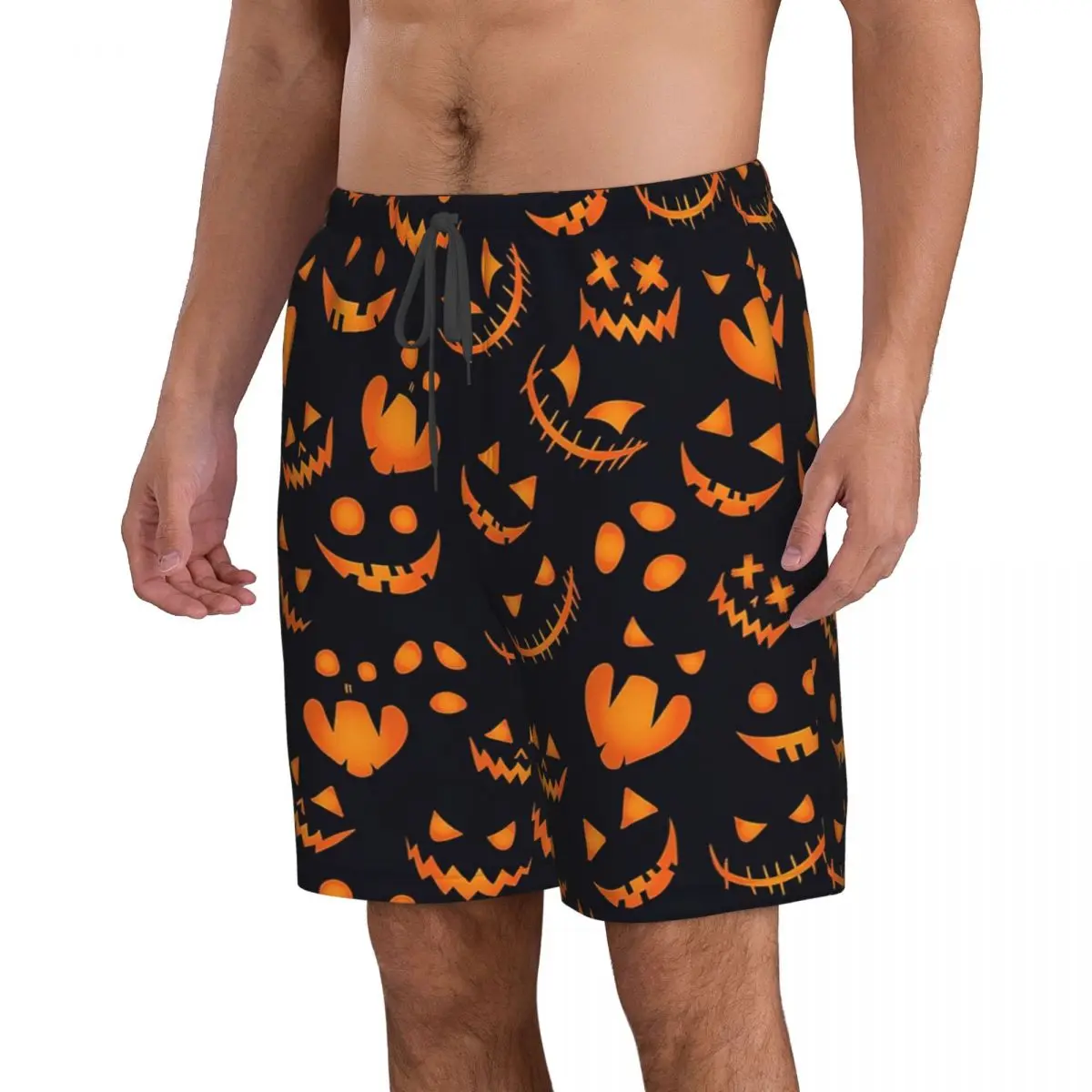 Pumpkin Background Halloween Seamless Pattern Men's Beach Shorts Fitness Quick-drying Swimsuit Funny Street Fun 3D Shorts