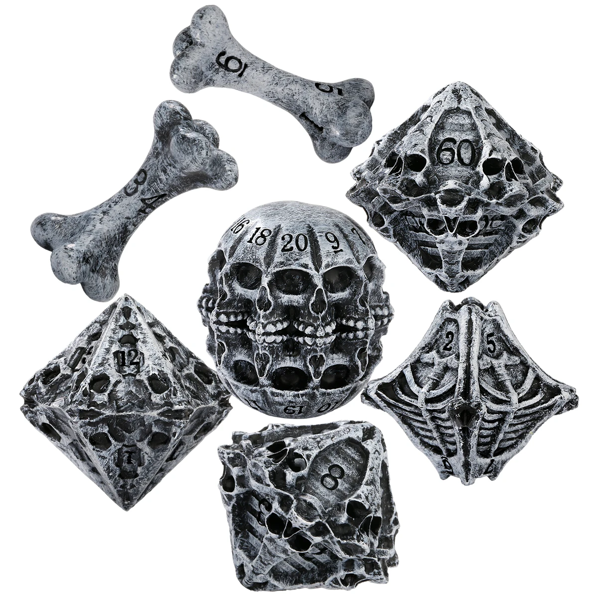 7-teiliges Set aus geschnitzten polyedrischen Würfeln im Knochen-Schädel-Design, Retro-Hohlskelett-Würfelsets für Tabletop-RPG-Party-Brettspiele – Detail 5