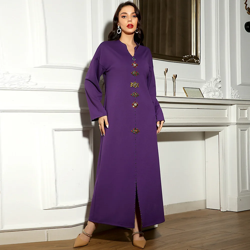 

V-neck Hand Stitched Drill Temperament Maxi Dress for Women Turkey Arabic Ethnic Diamond Long Sleeve Loose Muslim Abaya Robes