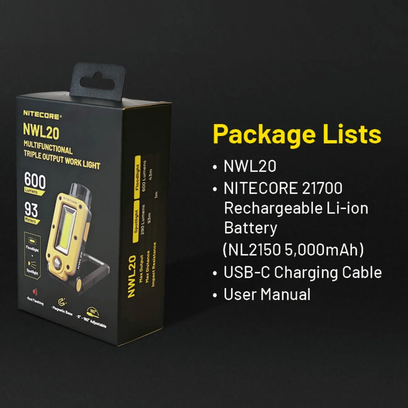 NITECORE NWL20 Multifunctional Triple Output Floodlight Spotligh 600Lumens Rechargeable Include 21700 5000mAh Battery