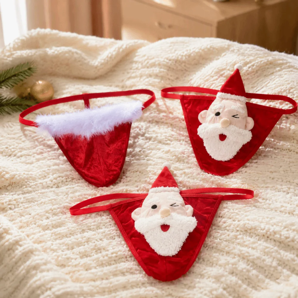 Soft Low Waist Christmas Men Thongs Underpants Red Santa Claus T-back Thin Strap Male Briefs Xmas