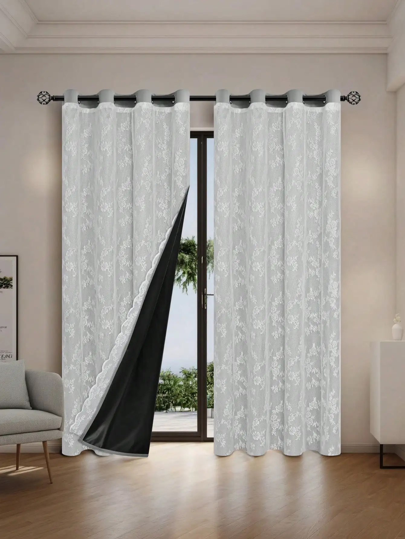 1pc Modern Solid Color Double Layer Curtains with Tie Rope, Full Blackout Perforated Curtains, Suitable for A Variety of Rooms