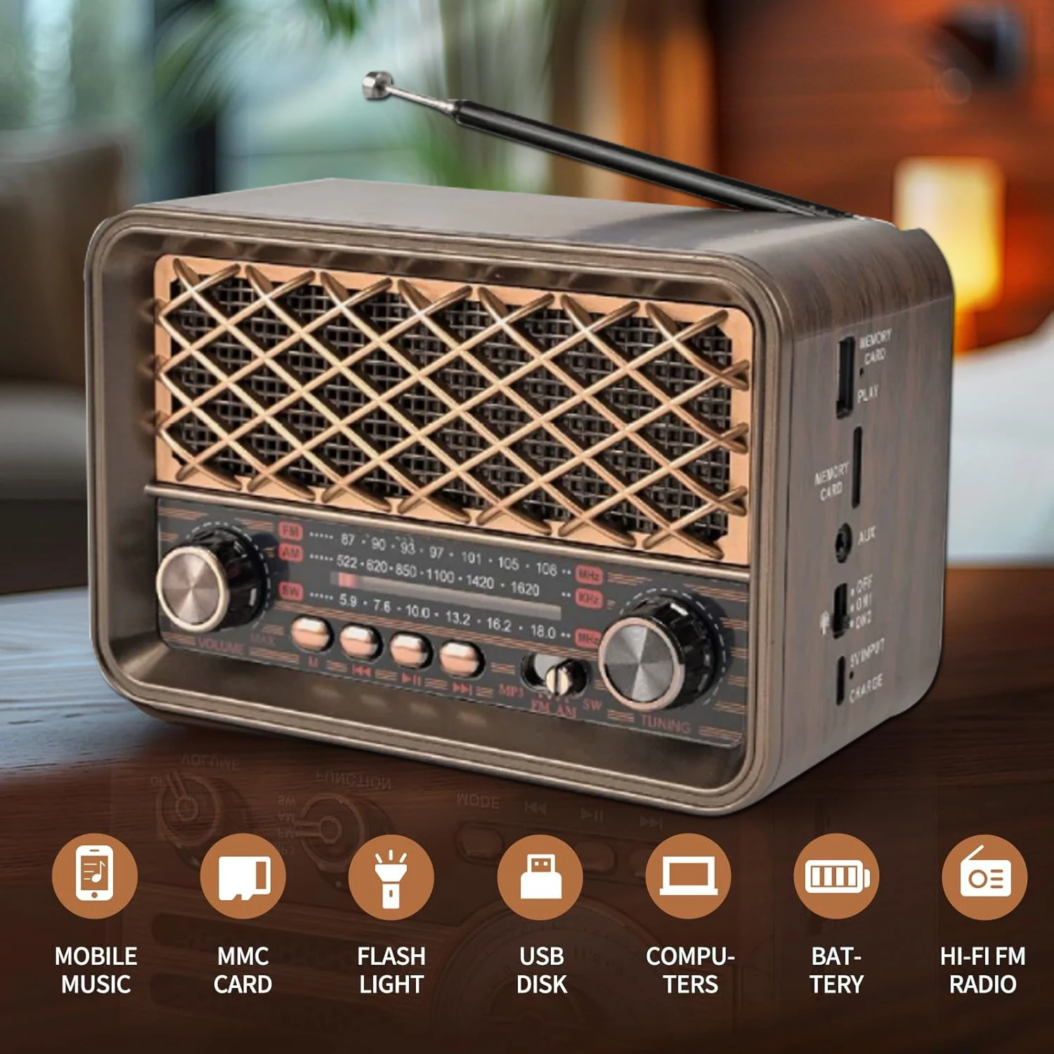 ﻿ Classic Retro Full Band Radio Portable FM AM SW Radios Receiver LED Flashlight Bluetooth Speaker Support TF USB MP3 Player