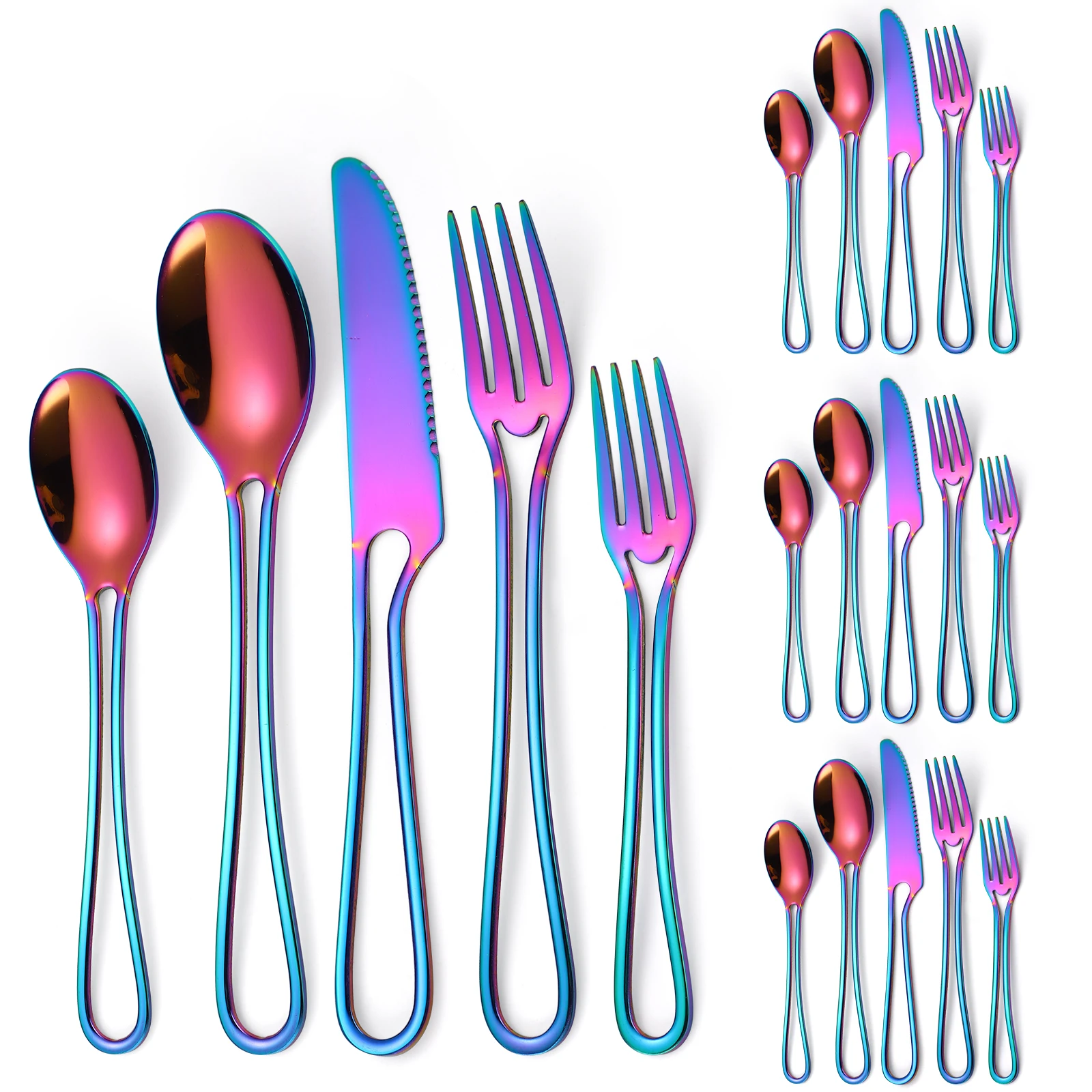 A · HOUSEWARE Rainbow Silverware Hollow Design 20 Piece Stainless Steel Flatware Set of 4 include Forks Spoons Knives Utensils