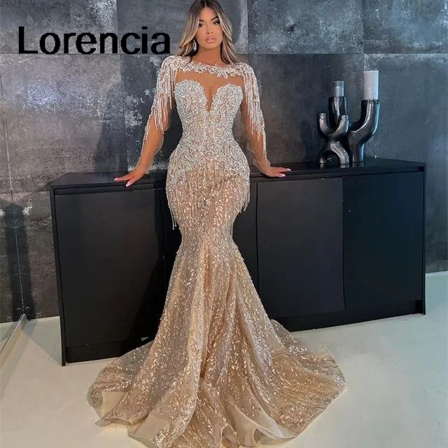 

Customized African Aso Ebi Champagne Mermaid Prom Dress Beaded Crystals Tassel Evening Formal Party Gown Robe De Sorrie YPD330
