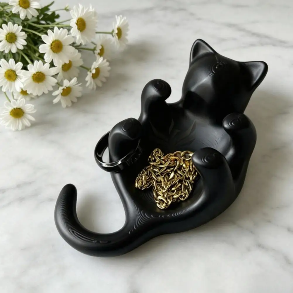 Jewelry Storage Tray 3d Printed Black Cat Jewelry Tray Cute Kitten Trinket Dish Hollow Belly Ring Holder for Earrings Bracelets