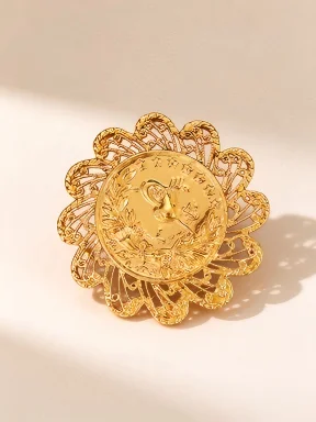 Gold Hollow Flower Coin Statement Ring, Vintage Ethnic Big Oversized Adjustable Ring, Moroccan Islamic Wedding Party Finger Jewe