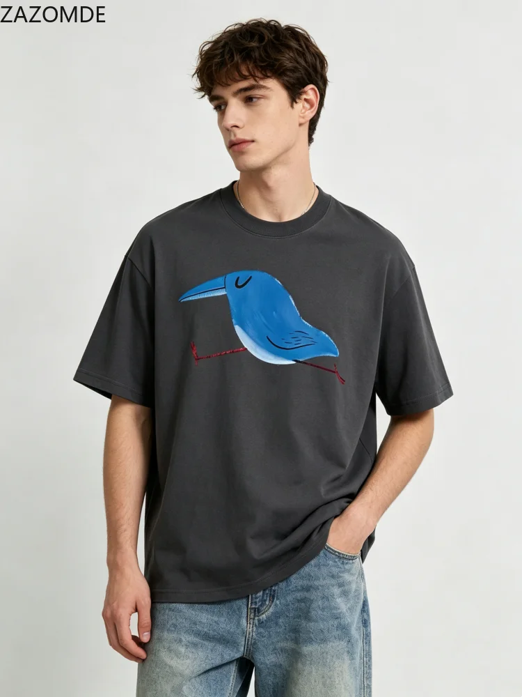 ZAZOMDE Men Vintage Abstract Bird Graphic Tee Casual O Neck Short Sleeve Loose Fit Cotton Summer  Basic T-shirt Streetwear Tops