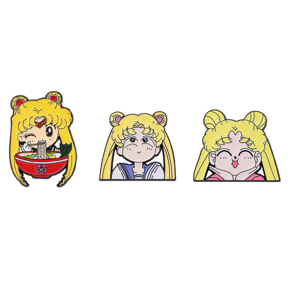 3 Pcs Cartoon Sailor Moon Brooch Creative Tsukino Usagi Enamel Pin Metal Badge Jewelry Backpack Clothing Accessories Gift