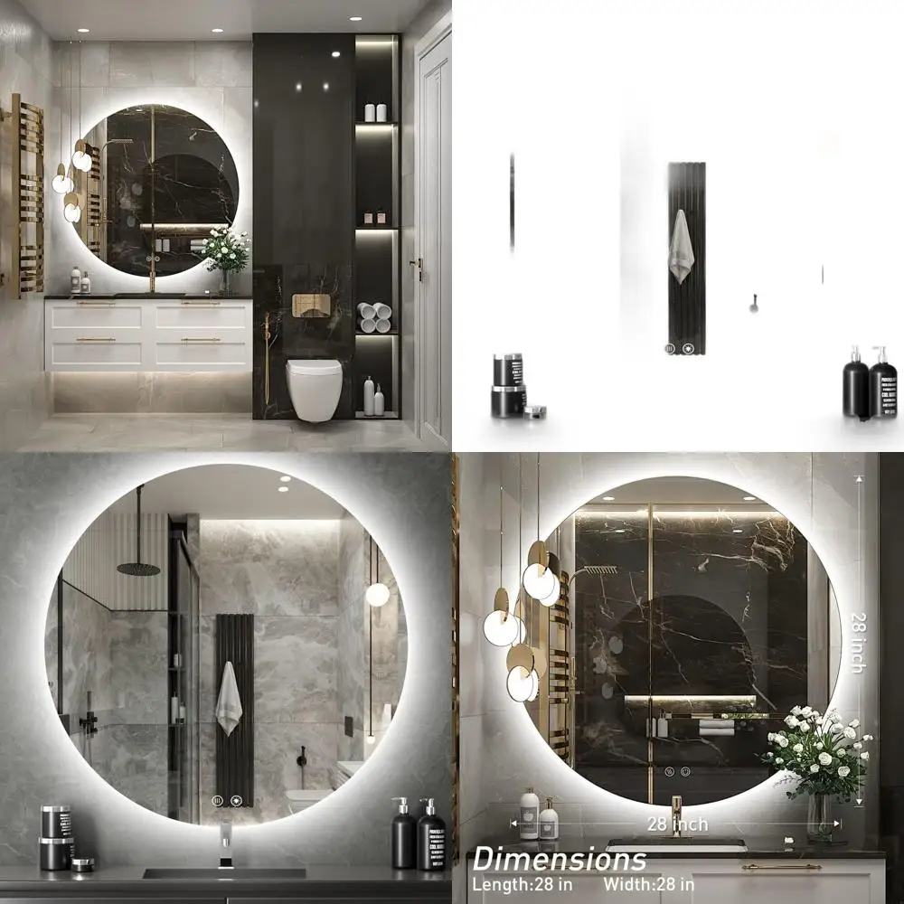 

28-дюймовое круглое LED-зеркало для ванной комнаты - дневной свет 6000K, с функцией антизапотевания, регулировкой яркости, сенсорным управлением, CRI90+, водонепроницаемое зеркало для макияжа